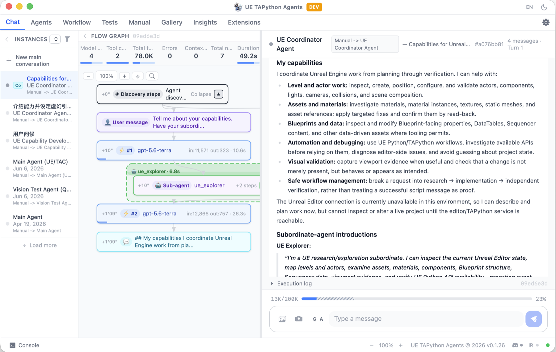 TAPythonAgent coordinating an Unreal Engine workflow with multiple agents